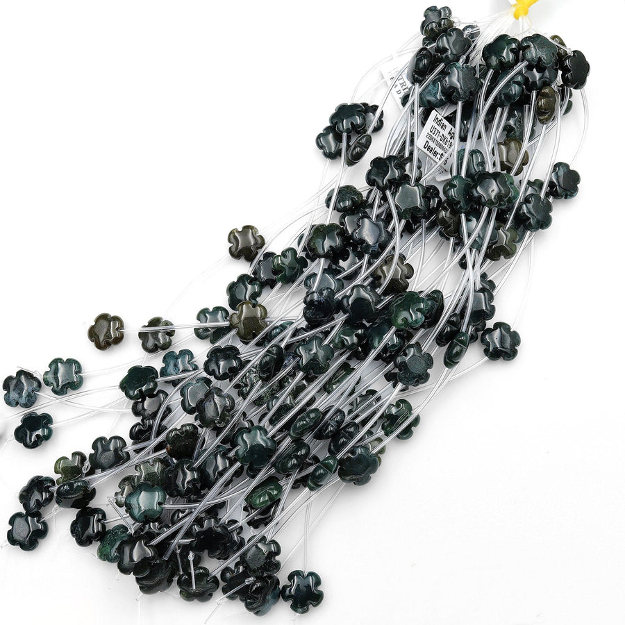 Natural Dark Green Indian Agate Carved Cherry Blossom Flower Gemstone Beads 15mm