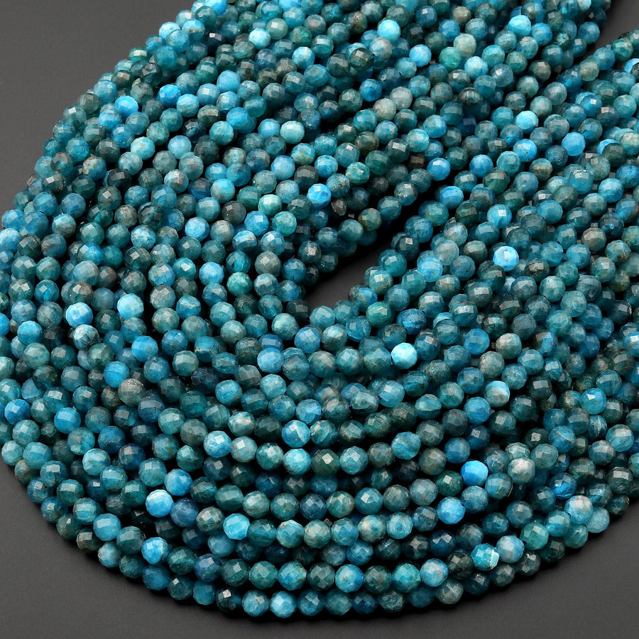 Natural Blue Apatite 2mm 4mm Faceted Round Beads Micro Faceted Laser Diamond Cut Gemstone 15.5" Strand