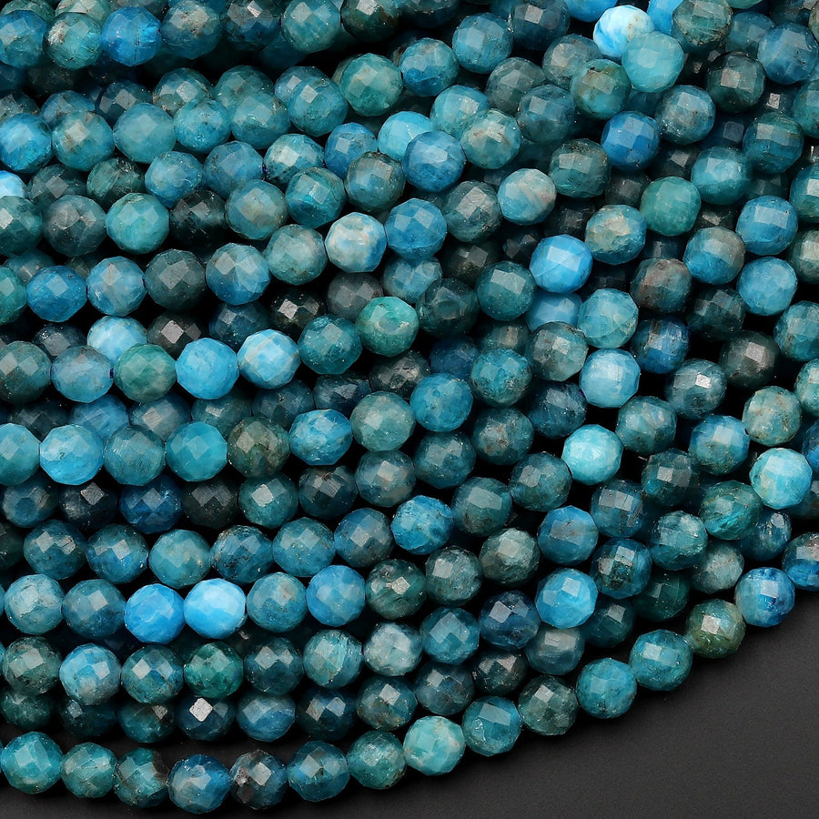 Natural Blue Apatite 2mm 4mm Faceted Round Beads Micro Faceted Laser Diamond Cut Gemstone 15.5" Strand