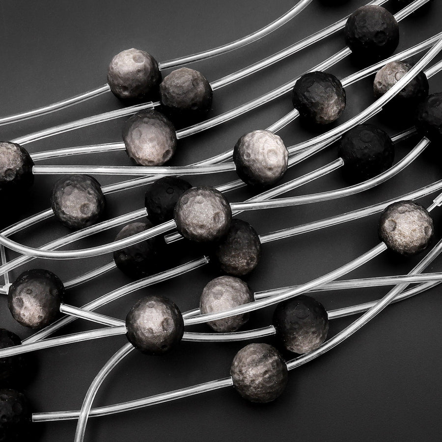 AAA Hand Carved Natural Silver Obsidian Meteorite Moon Planet Gemstone Round Beads 8mm 10mm 12mm 14mm