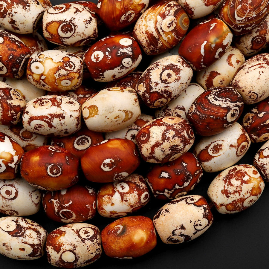 Tibetan Agate Barrel Drum Barrel Beads Dzi Agate Orange Red Ancient Antique Vintage Looking Boho Beads 14" Strand
