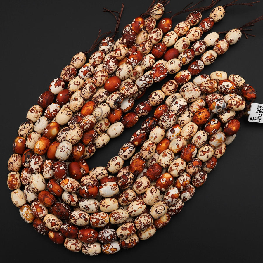 Tibetan Agate Barrel Drum Barrel Beads Dzi Agate Orange Red Ancient Antique Vintage Looking Boho Beads 14" Strand