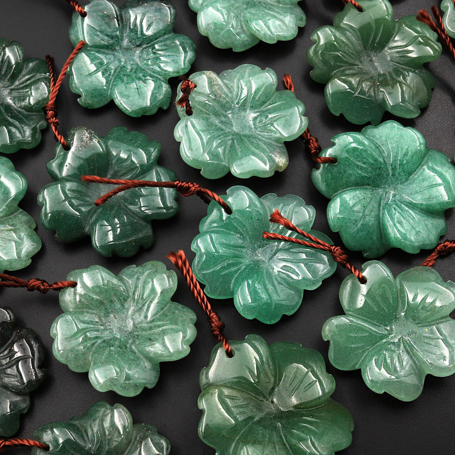 Hand Carved Natural Green Aventurine Flower Pendant Focal Bead