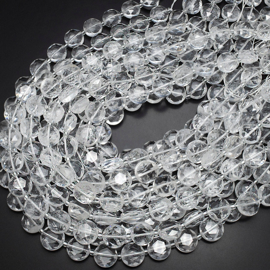 AAA Super Clear Real Genuine Natural Rock Crystal Quartz 10mm 12mm Faceted Coin Beads 15.5" Strand