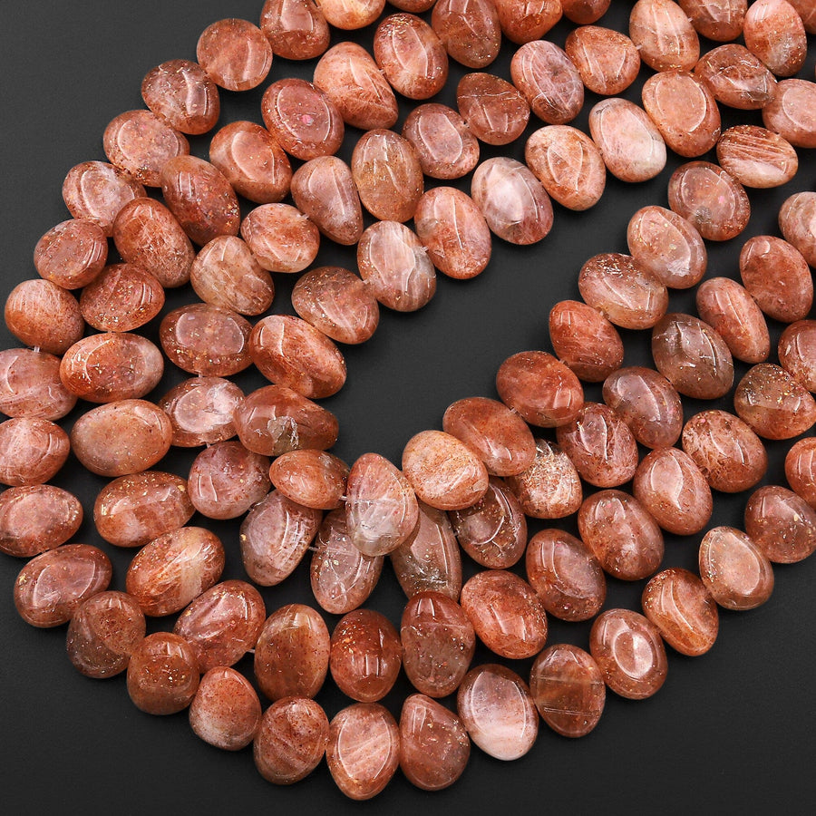 Fiery Natural Sunstone Smooth Oval Nugget Beads Center Drilled Sparkling Golden Feldspar Orange Red Gemstone 15.5" Strand