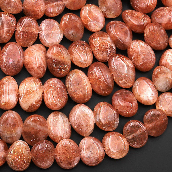 Fiery Natural Sunstone Smooth Oval Nugget Beads Center Drilled Sparkling Golden Feldspar Orange Red Gemstone 15.5" Strand