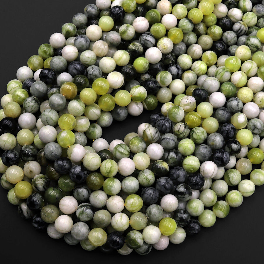 Natural Variegated Green Serpentine Jade Round Beads 4mm 6mm 8mm 10mm Gemmy Natural Jade 15.5" Strand