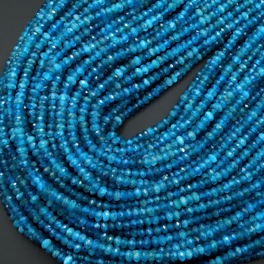 AAA+ Faceted Natural Blue Apatite 3mm 4mm Rondelle Beads Gemstone 15.5" Strand