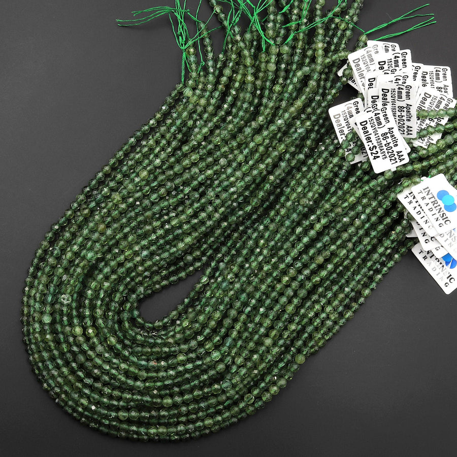 AAA Faceted Natural Green Apatite 4mm Round Beads 15.5" Strand