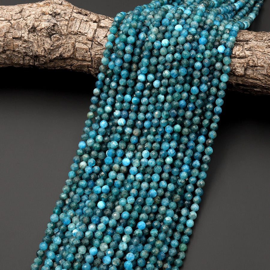 Natural Blue Apatite 2mm 4mm Faceted Round Beads Micro Faceted Laser Diamond Cut Gemstone 15.5" Strand