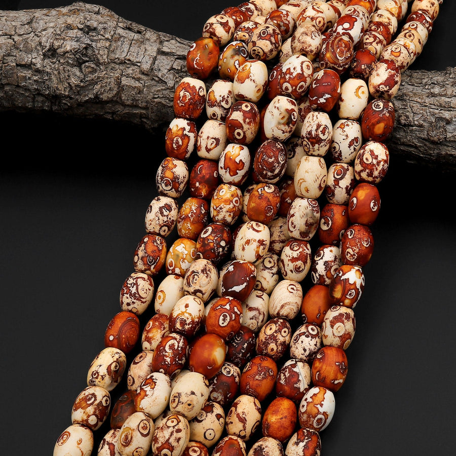 Tibetan Agate Barrel Drum Barrel Beads Dzi Agate Orange Red Ancient Antique Vintage Looking Boho Beads 14" Strand
