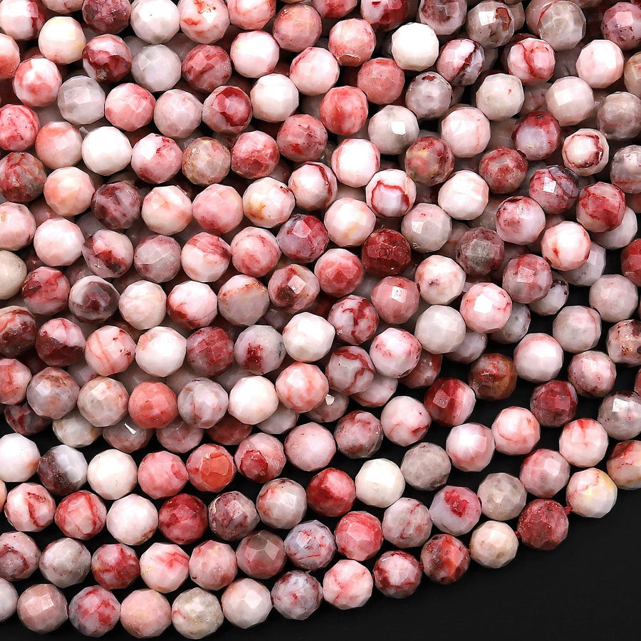Faceted Natural Cinnabrite Cinnabar in Quartz 3mm 4mm Round Beads 15.5" Strand
