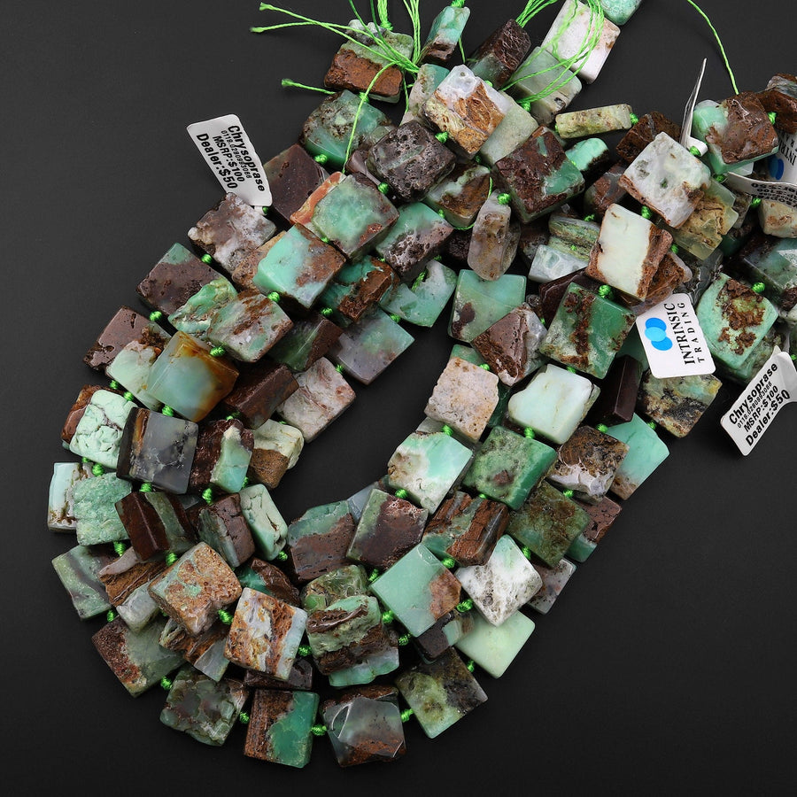 Large Natural Bicolor Brown Green Chrysoprase Square Beads Hand Cut Freeform 15.5" Strand