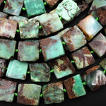 Large Natural Bicolor Brown Green Chrysoprase Square Beads Hand Cut Freeform 15.5" Strand