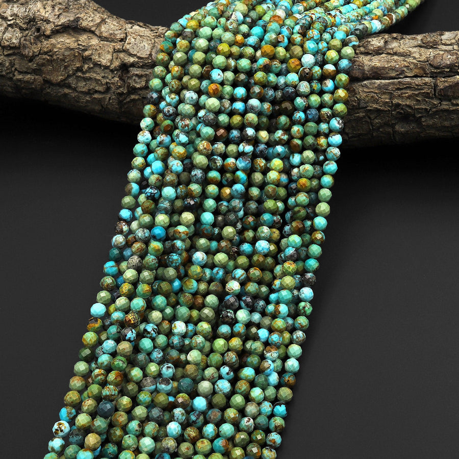 Natural Turquoise 4mm Faceted Round Beads Real Genuine Vibrant Blue Yellow Green 15.5" Strand