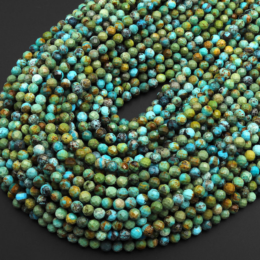 Natural Turquoise 4mm Faceted Round Beads Real Genuine Vibrant Blue Yellow Green 15.5" Strand