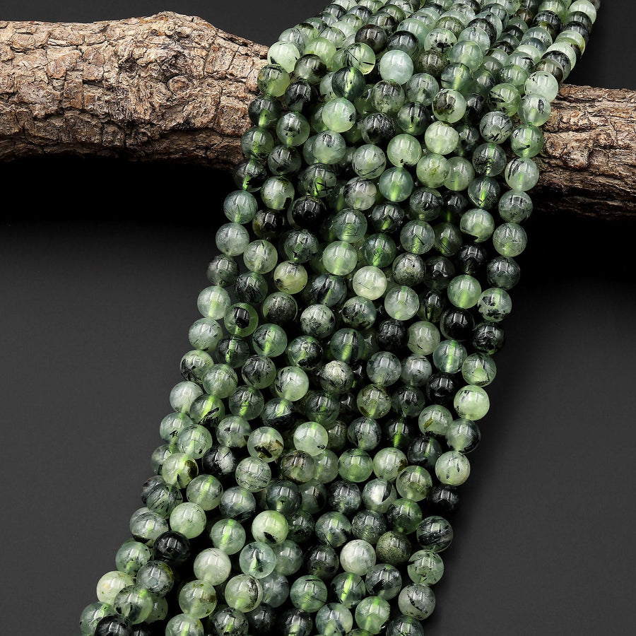 Natural Prehnite 4mm 6mm 8mm 10mm Smooth Round Beads Green Tourmaline Rutile 15.5" Strand