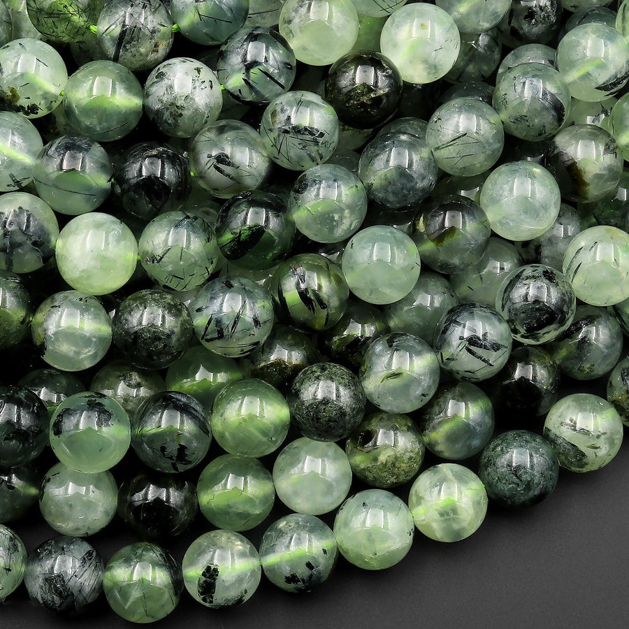 Natural Prehnite 4mm 6mm 8mm 10mm Smooth Round Beads Green Tourmaline Rutile 15.5" Strand