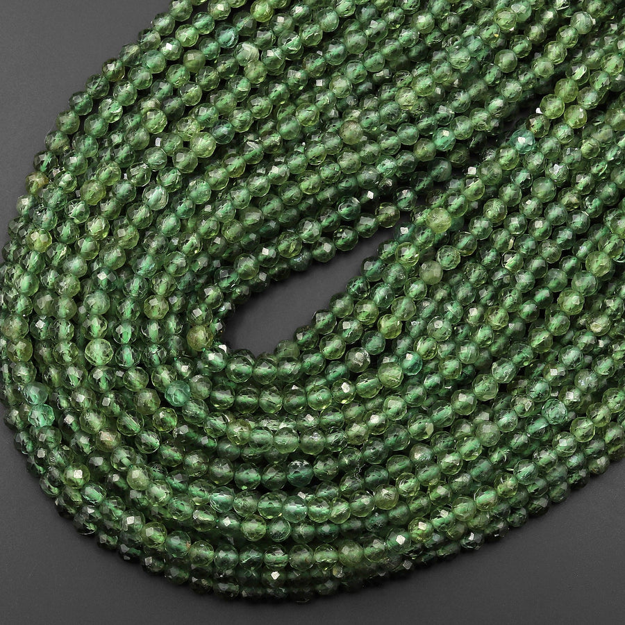 AAA Faceted Natural Green Apatite 4mm Round Beads 15.5" Strand