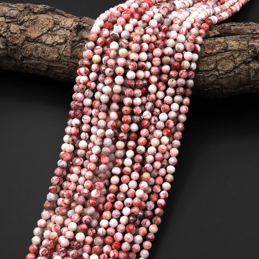 Faceted Natural Cinnabrite Cinnabar in Quartz 3mm 4mm Round Beads 15.5" Strand