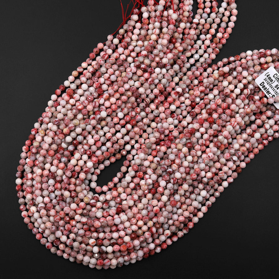 Faceted Natural Cinnabrite Cinnabar in Quartz 3mm 4mm Round Beads 15.5" Strand