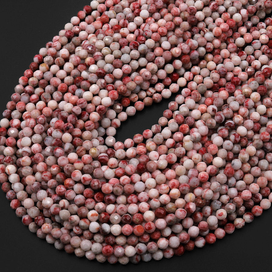 Faceted Natural Cinnabrite Cinnabar in Quartz 3mm 4mm Round Beads 15.5" Strand