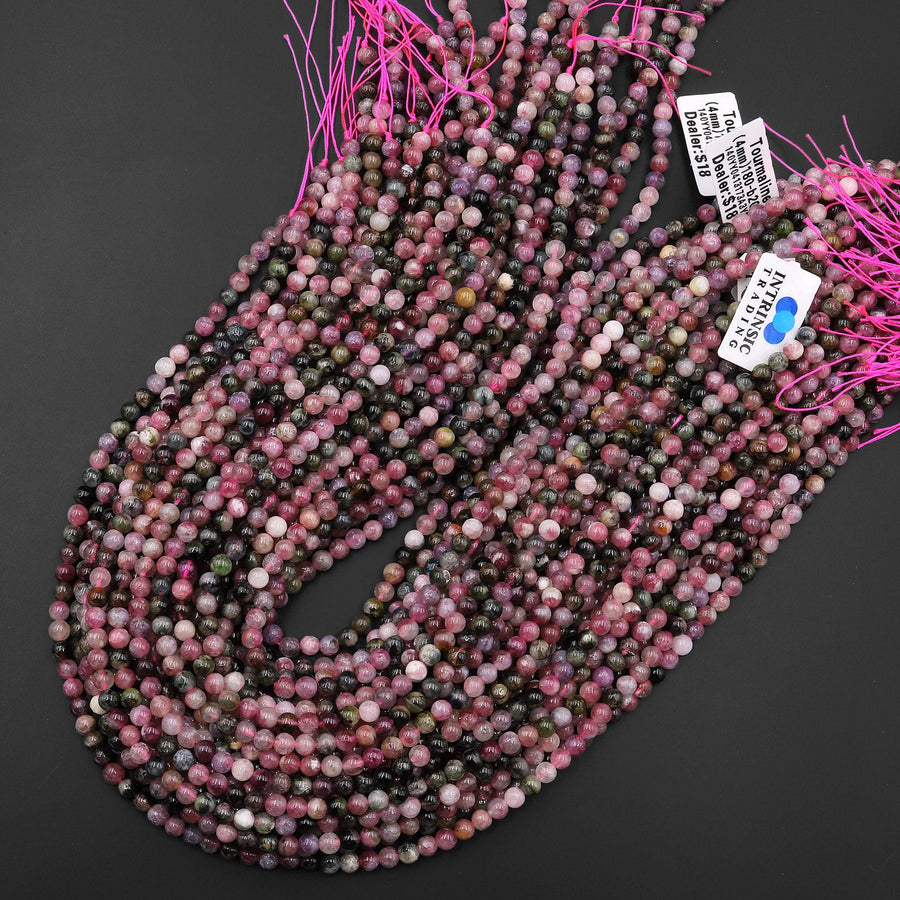 AAA Natural Pink Green Tourmaline 4mm Smooth Round Beads 15.5" Strand