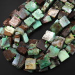 Large Natural Bicolor Brown Green Chrysoprase Square Beads Hand Cut Freeform 15.5" Strand