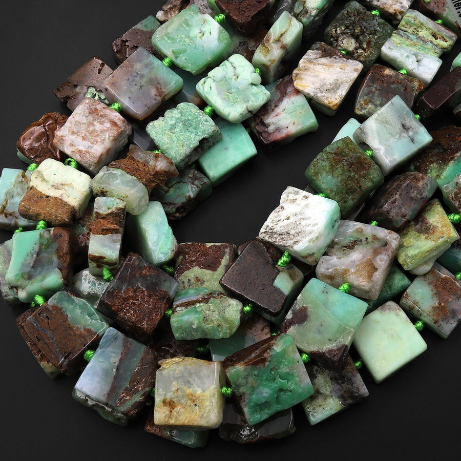 Large Natural Bicolor Brown Green Chrysoprase Square Beads Hand Cut Freeform 15.5" Strand