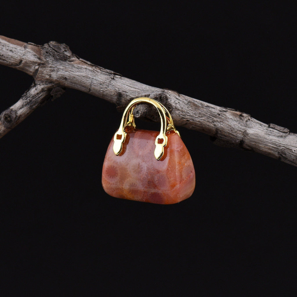 Hand Carved Natural Indonesian Fossil Coral Focal Pendant Bead Purse Miniature Handbag Style OP0025