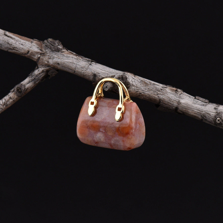 Hand Carved Natural Indonesian Fossil Coral Focal Pendant Bead Purse Miniature Handbag Style OP0029