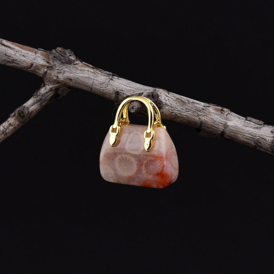 Hand Carved Natural Indonesian Fossil Coral Focal Pendant Bead Purse Miniature Handbag Style OP0030
