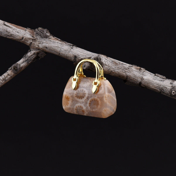 Hand Carved Natural Indonesian Fossil Coral Focal Pendant Bead Purse Miniature Handbag Style OP0035
