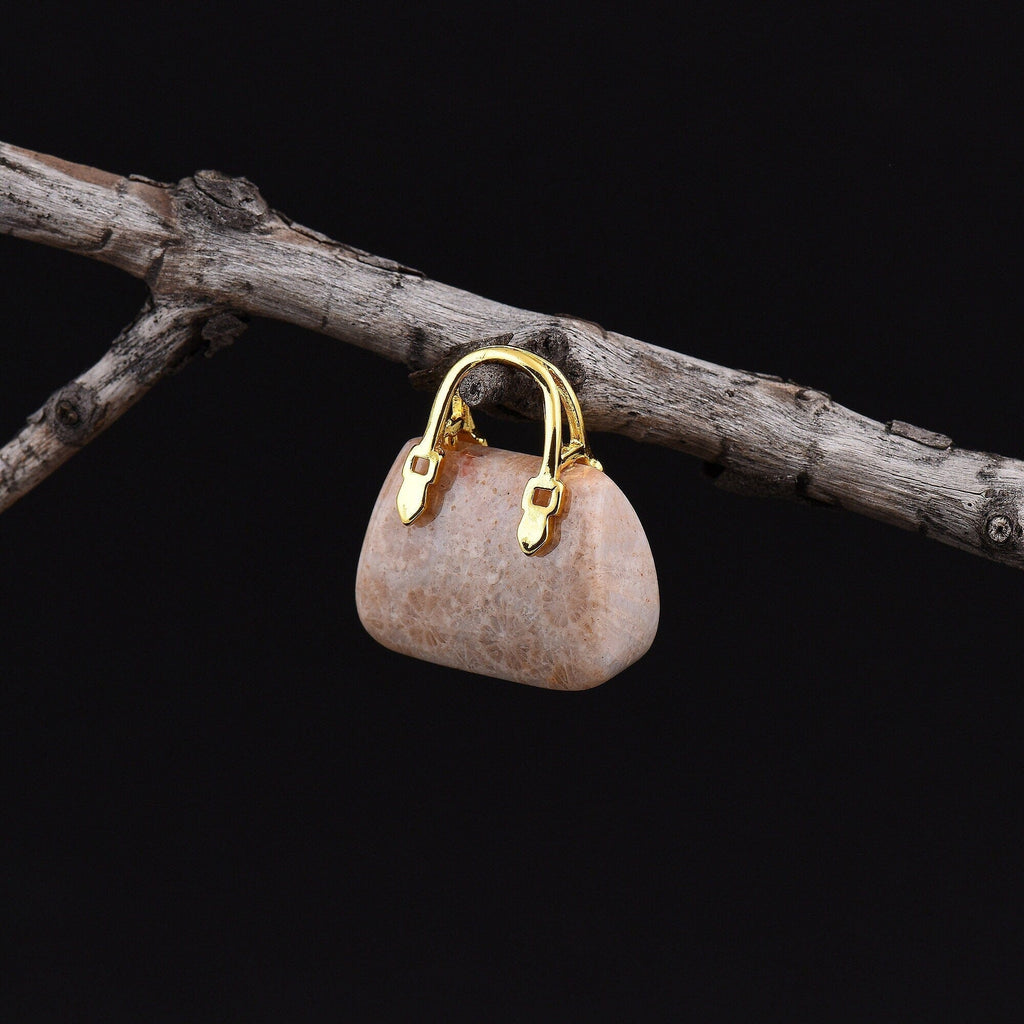 Hand Carved Natural Indonesian Fossil Coral Focal Pendant Bead Purse Miniature Handbag Style OP0037