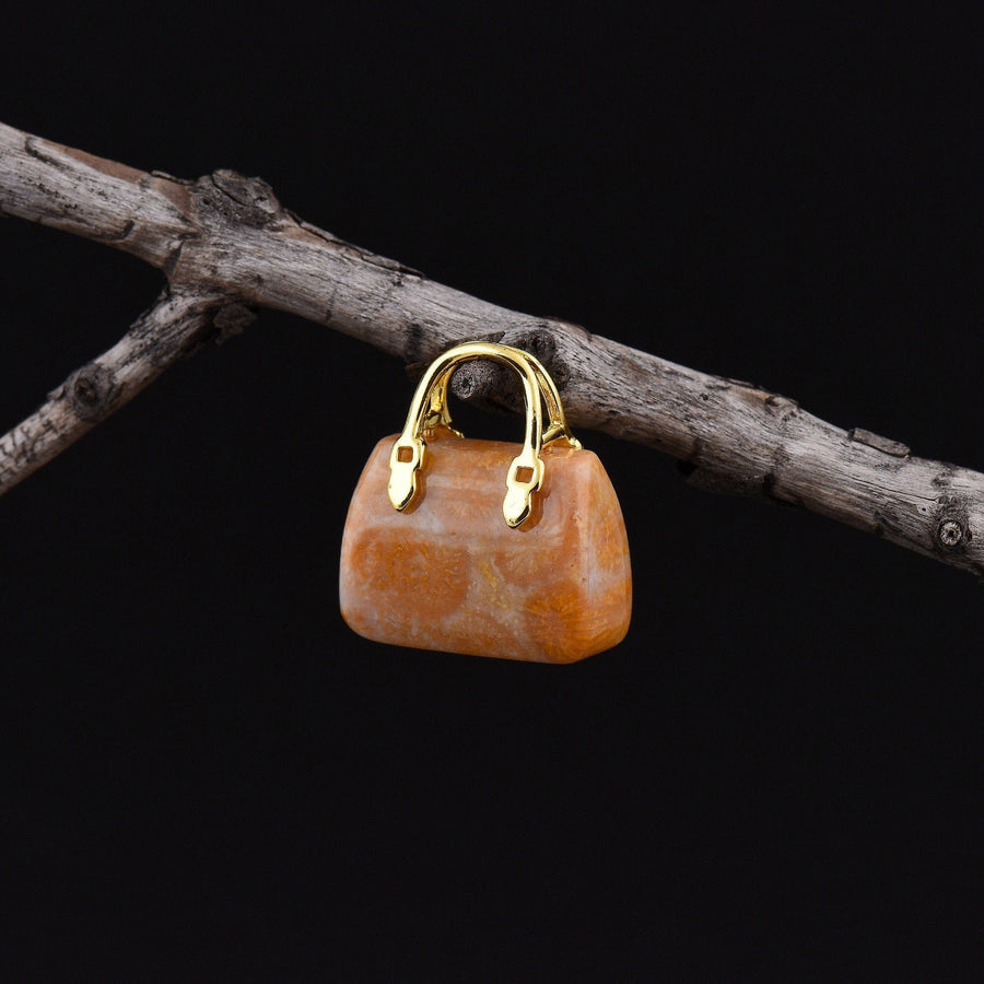 Hand Carved Natural Indonesian Fossil Coral Focal Pendant Bead Purse Miniature Handbag Style OP0045