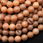 Matte Orange Peach Druzy Agate 8mm Round Beads With Sparkling Quartz Crystal Cave 15.5" Strand