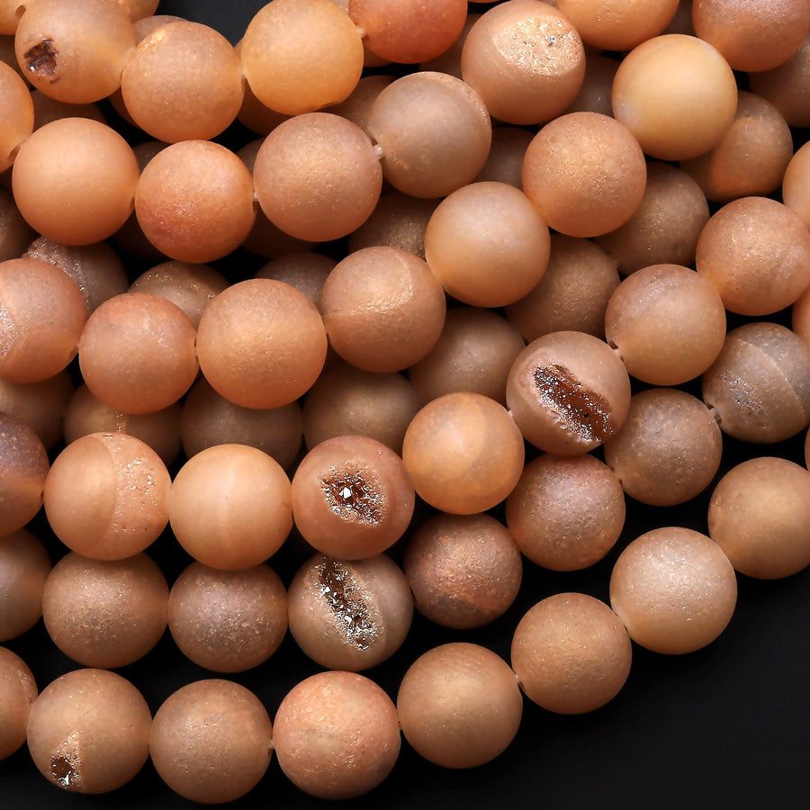 Matte Orange Peach Druzy Agate 8mm Round Beads With Sparkling Quartz Crystal Cave 15.5" Strand