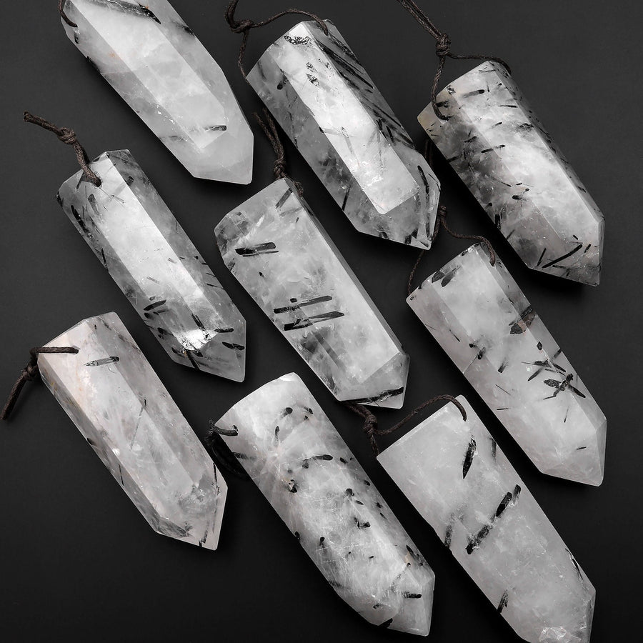 Natural Black Tourmaline Rutilated Quartz Obelisk Point Pendant Side Drilled Crystal Tower