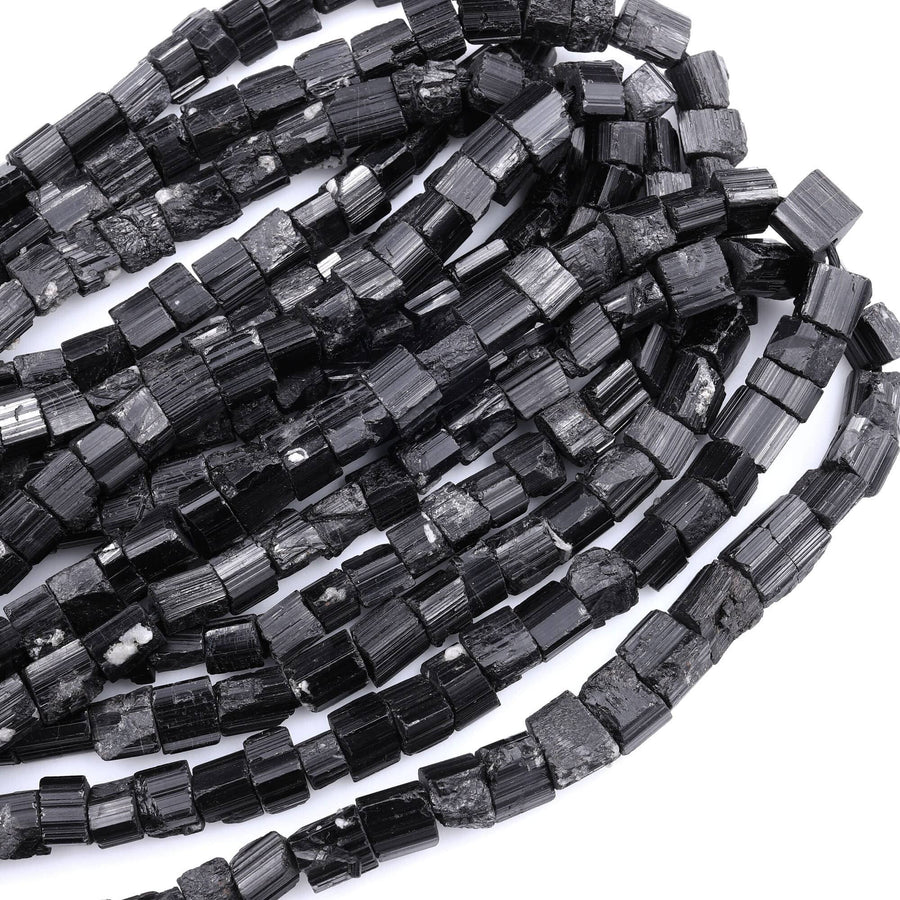 Raw Natural Black Tourmaline Beads Short Cylinder Tube Nugget Real Genuine Black Tourmaline Crystal Shaped Gemstones 17" Strand