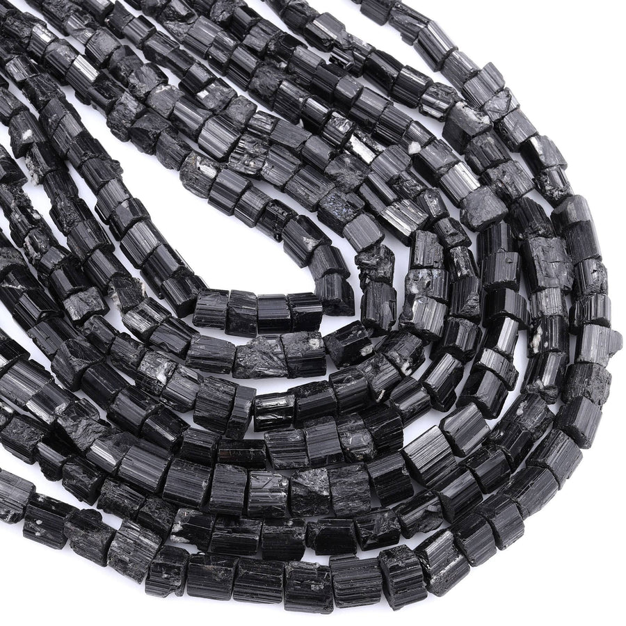 Raw Natural Black Tourmaline Beads Short Cylinder Tube Nugget Real Genuine Black Tourmaline Crystal Shaped Gemstones 17" Strand
