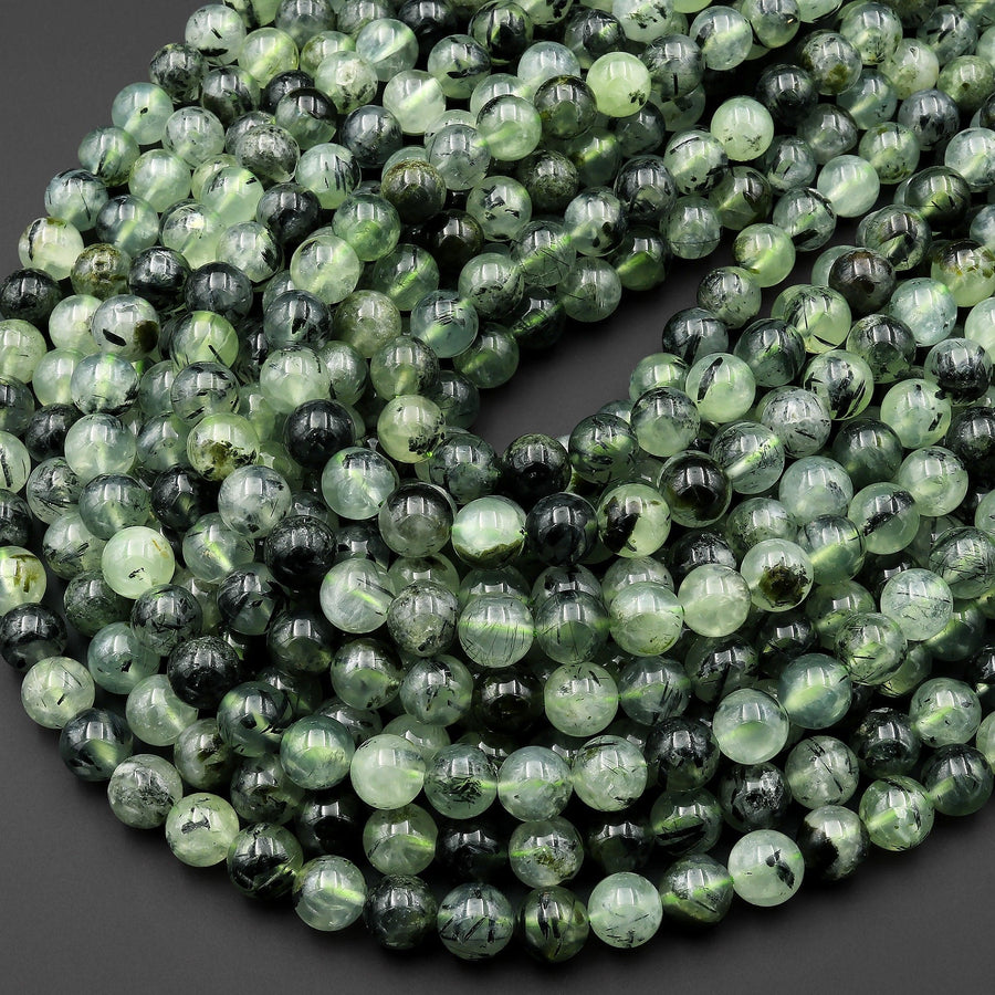 Natural Prehnite 4mm 6mm 8mm 10mm Smooth Round Beads Green Tourmaline Rutile 15.5" Strand