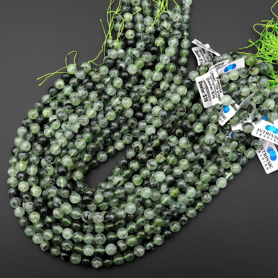 Natural Prehnite 4mm 6mm 8mm 10mm Smooth Round Beads Green Tourmaline Rutile 15.5" Strand