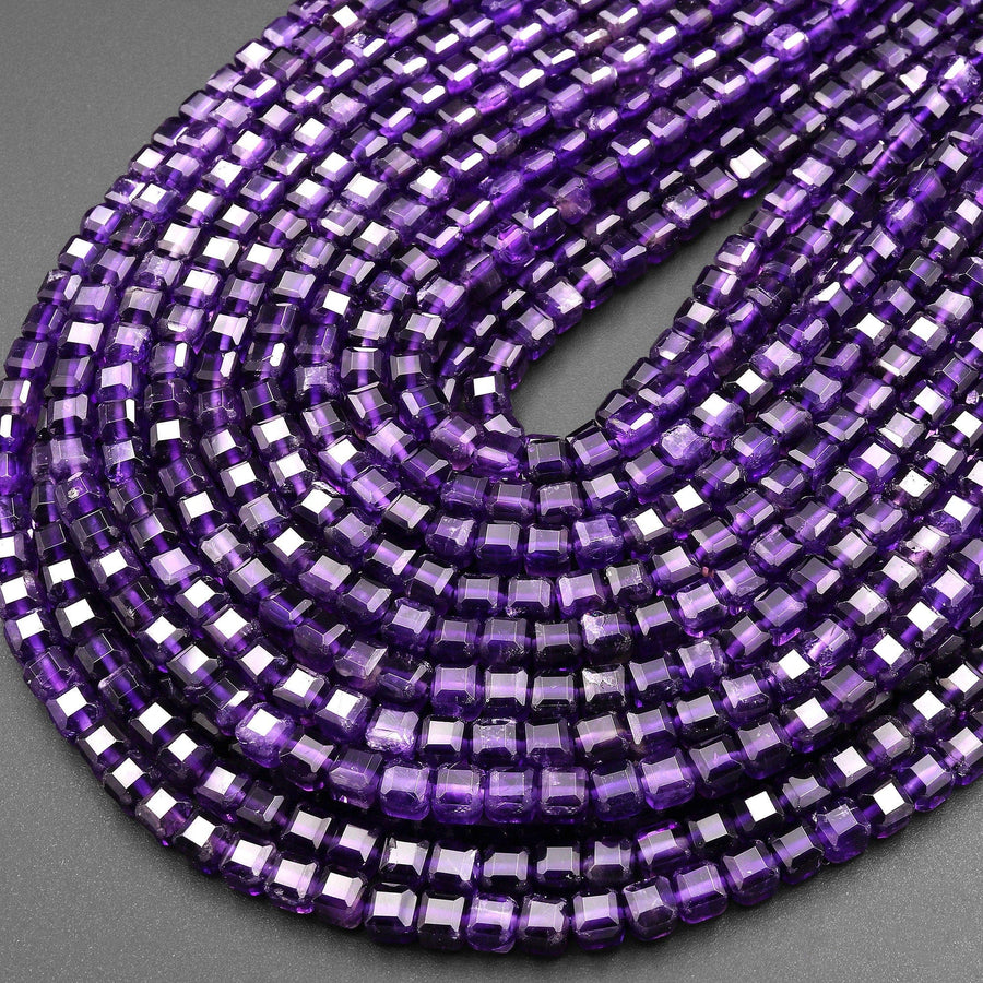 AAA Natural Purple Amethyst 4mm Faceted Cube Square Dice Beads 15.5" Strand