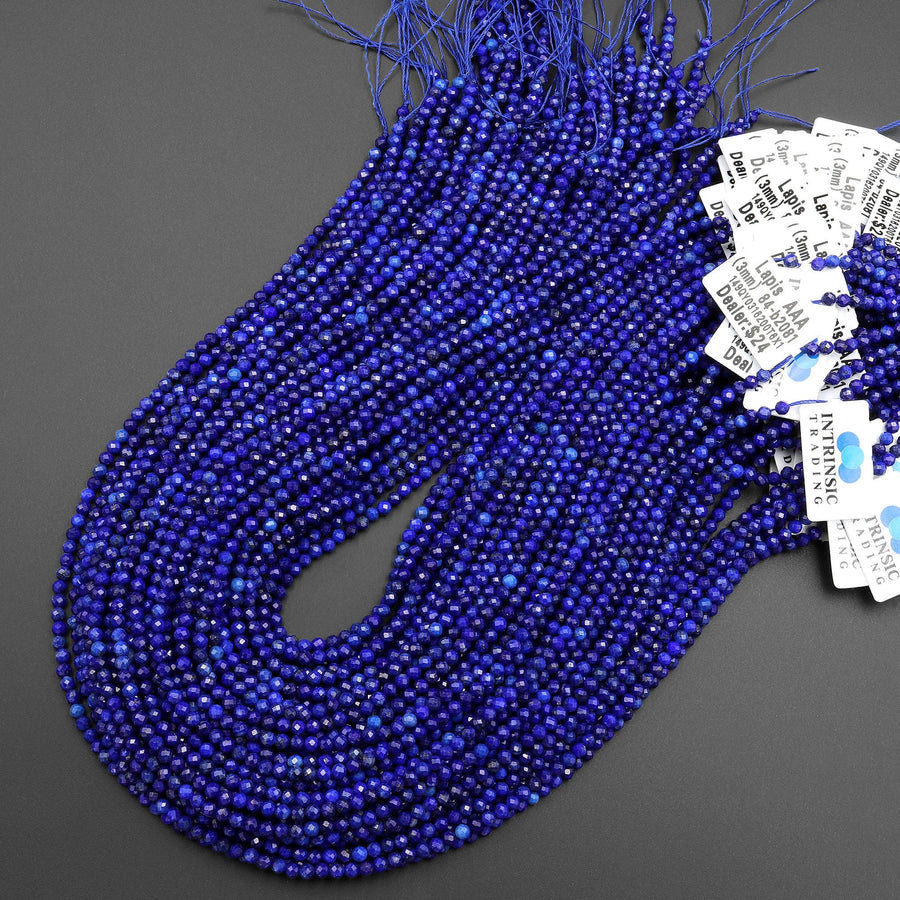 AAA Micro Faceted Natural Blue Lapis Lazuli Round Beads 3mm 4mm Diamond Cut Gemstone 15.5" Strand