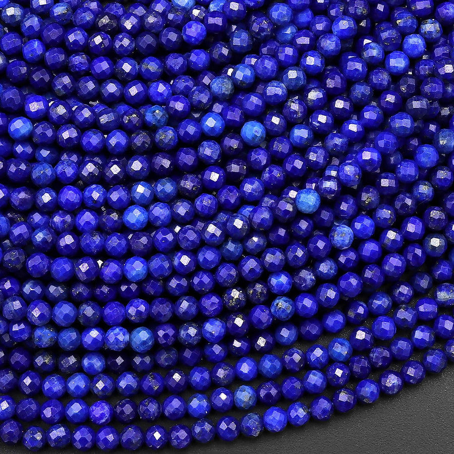 AAA Micro Faceted Natural Blue Lapis Lazuli Round Beads 3mm 4mm Diamond Cut Gemstone 15.5" Strand