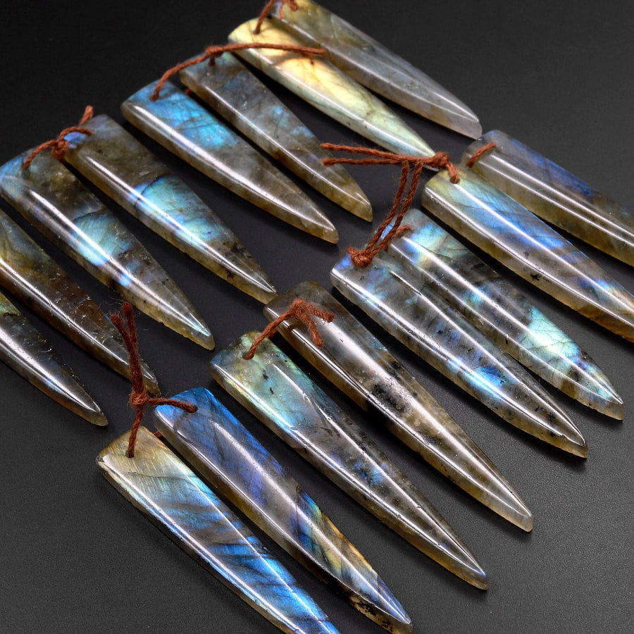 Flashy Natural Labradorite Earring Pair Long Triangle Dagger Drilled Matched Gemstone Beads