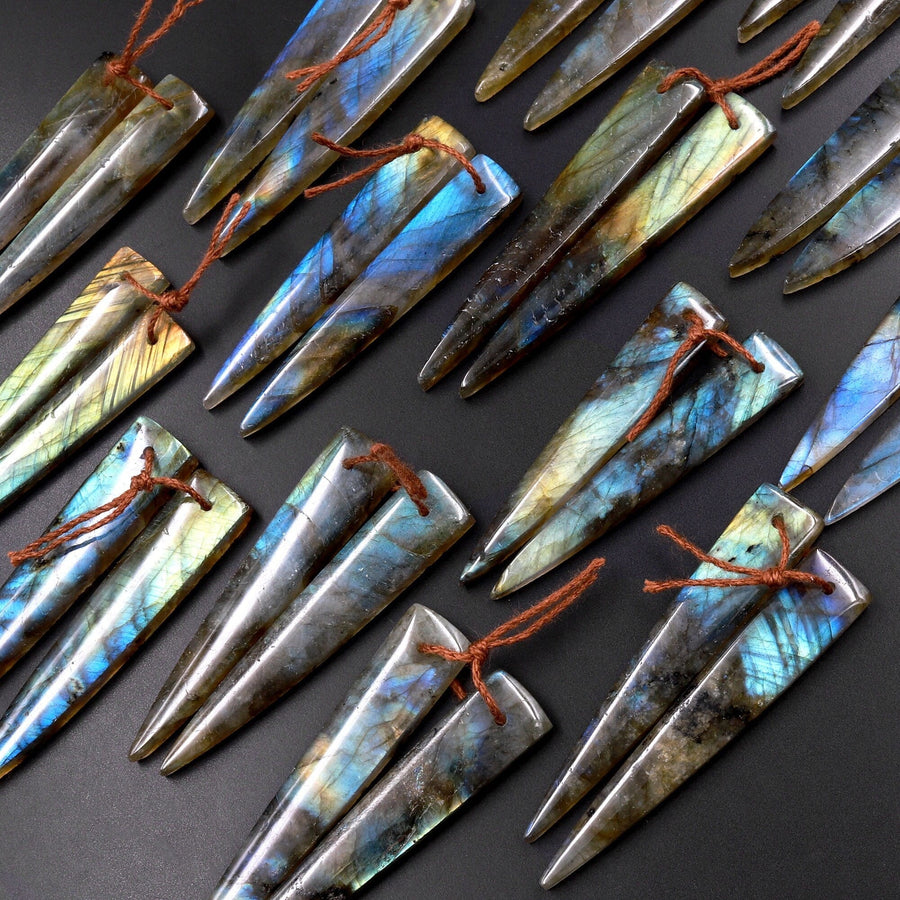 Flashy Natural Labradorite Earring Pair Long Triangle Dagger Drilled Matched Gemstone Beads