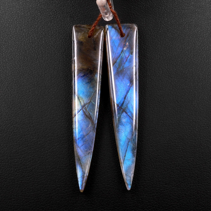 Flashy Natural Labradorite Earring Pair Long Triangle Dagger Drilled Matched Gemstone Beads