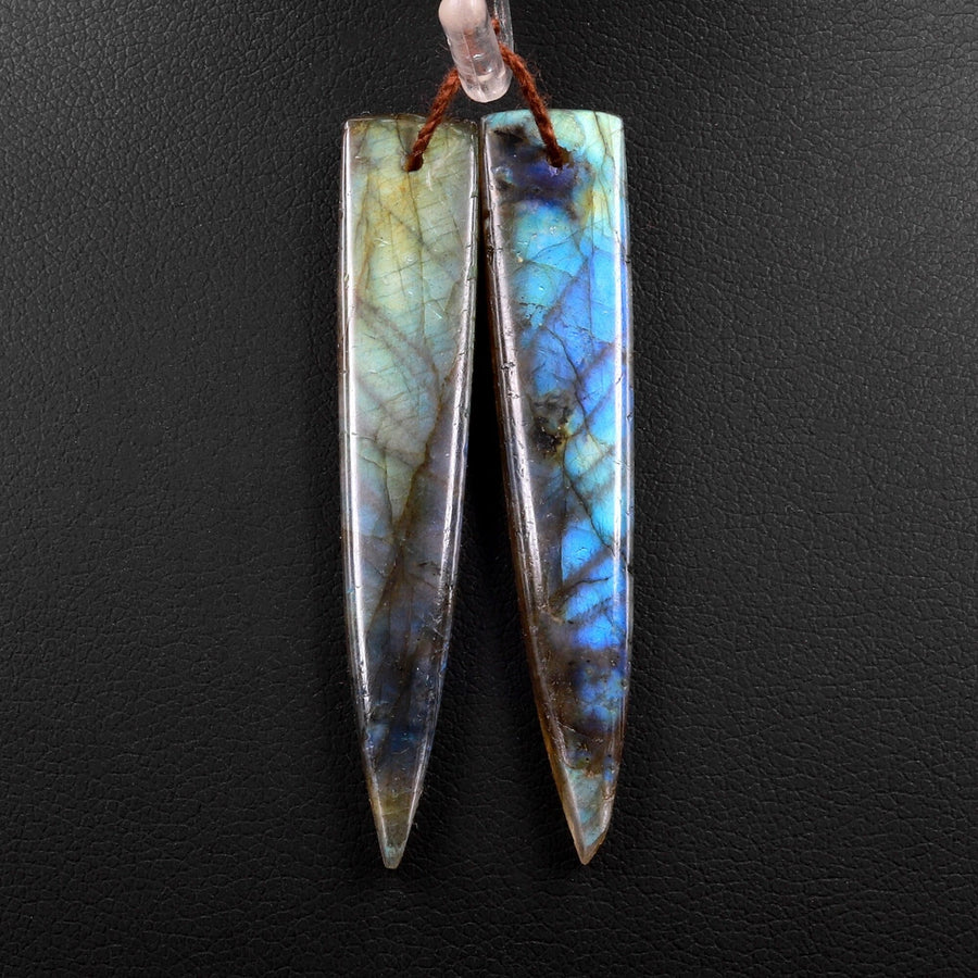 Flashy Natural Labradorite Earring Pair Long Triangle Dagger Drilled Matched Gemstone Beads