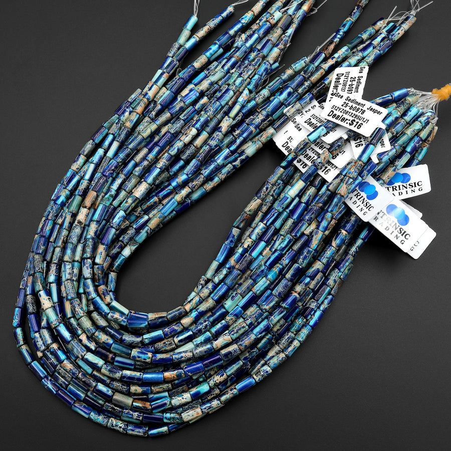 Ocean Blue Sea Sediment Jasper Smooth Tube Cylinder Beads 8x4mm Aka Impression Imperial Jasper 15.5" Strand